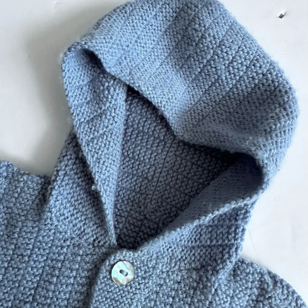 Blue Vintage Knit Button-Front Hooded Sweater